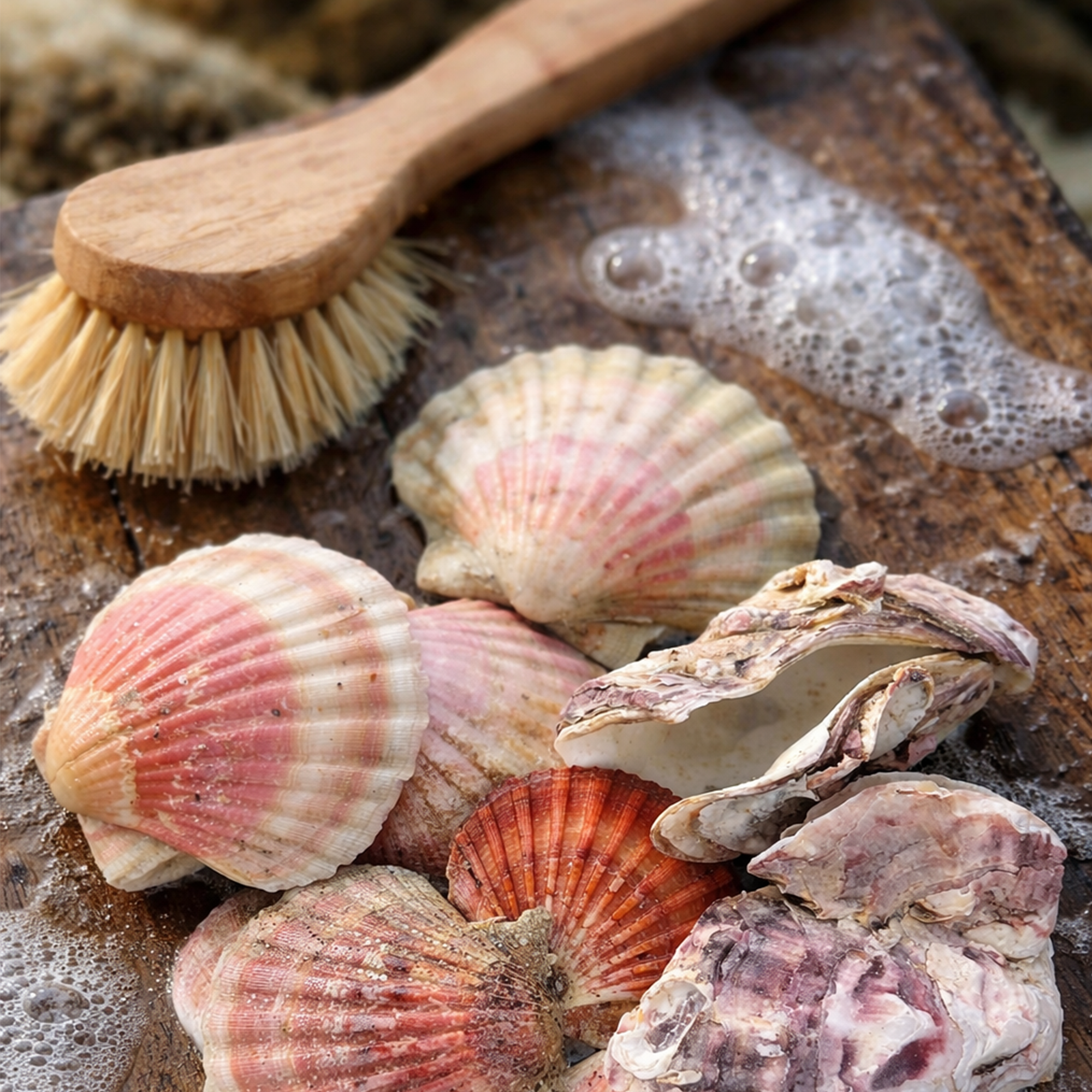 De schelpen worden zorgvuldig schoongemaakt.